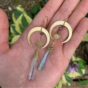 New Celestial Aura Quartz Moon and Star Sunburst Gold Plate Crescent Earrings